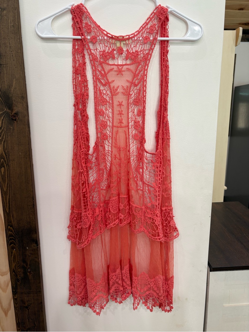 It's Our Time Coral Crochet Lace Openwork Top
